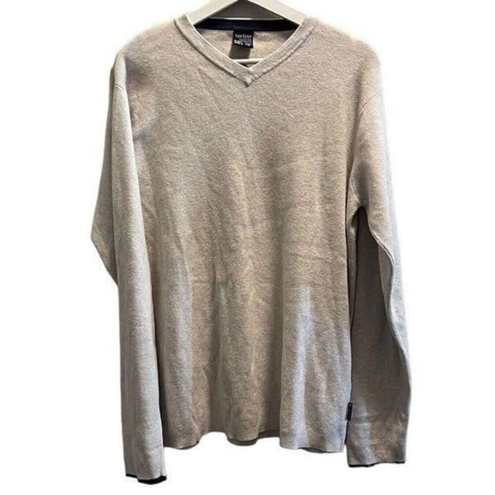 Nautica Mens Sweater Pullover Beige Long Sleeve V Neck Cotton Wool Size Large